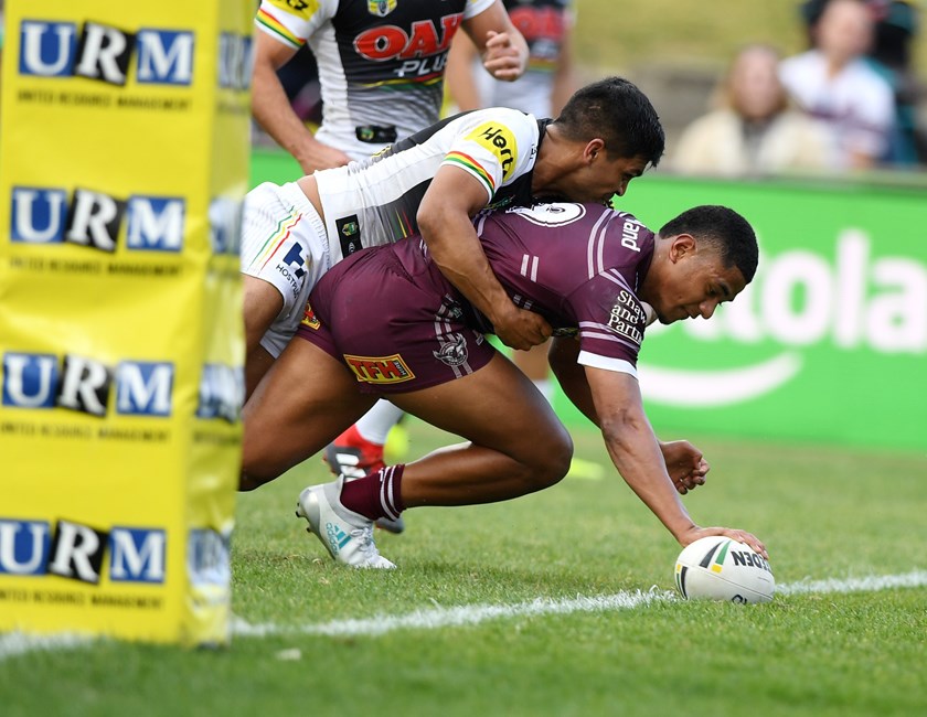 Manase Fainu scores a try for Manly against Penrith in his rookie season last year.