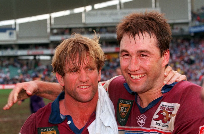 Manly's Des Hasler and Terry Hill celebrate the 1996 grand final win