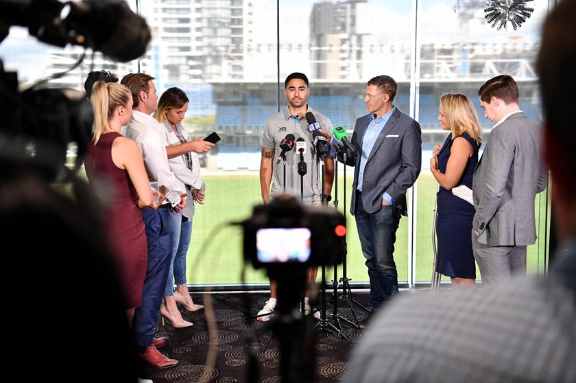 Shaun Johnson is grilled by the media at Shark Park.