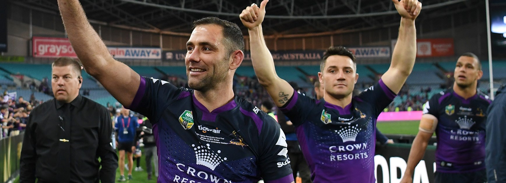Storm greats Cam Smith and Cooper Cronk after the 2017 grand final.