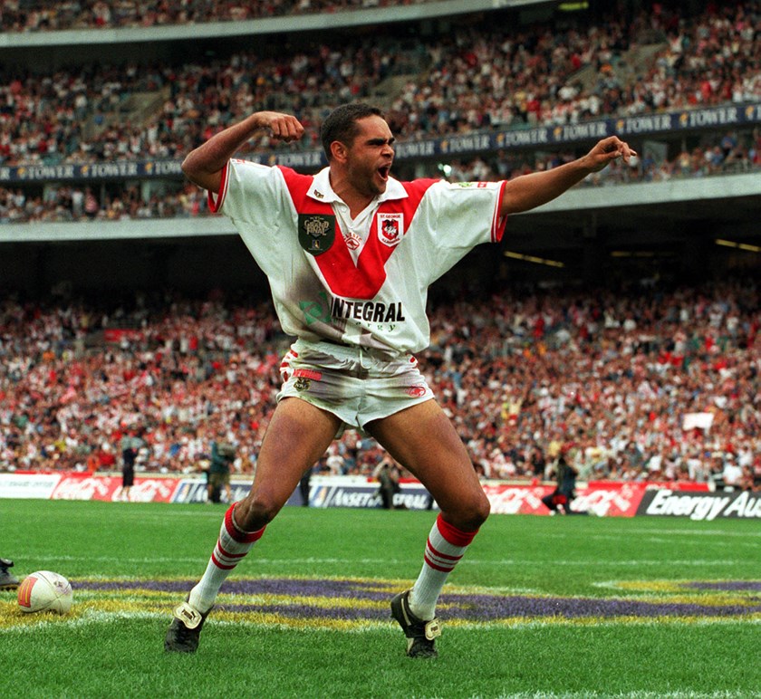 Dragons winger Nathan Blacklock celebrates his spectacular try in the first half of the 1999 grand final.