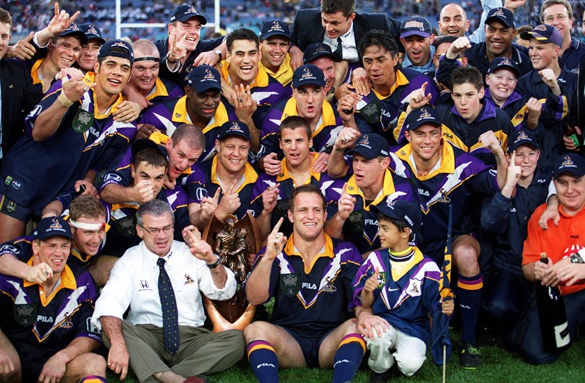 The Melbourne Storm celebrate their astounding 1999 premiership success.