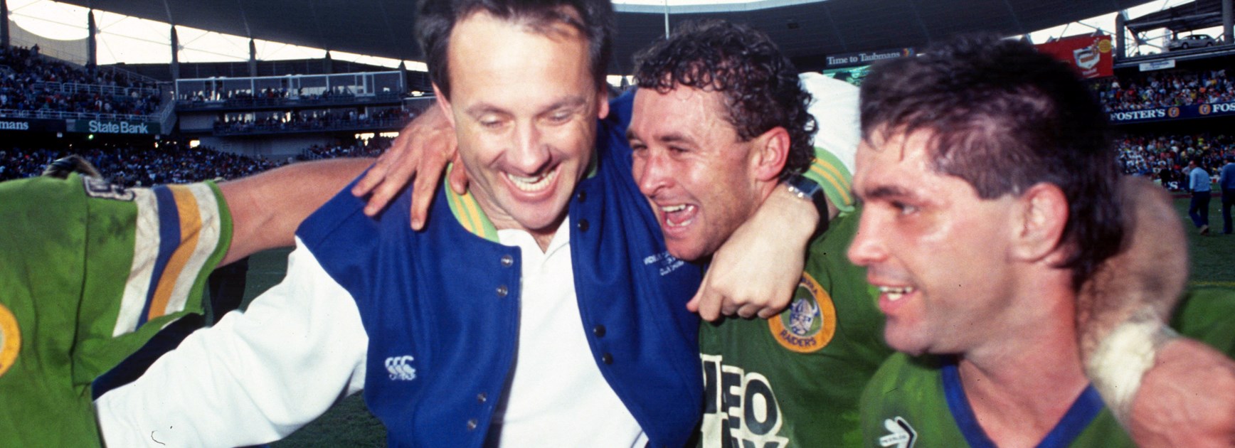 Tim Sheens and Ricky Stuart celebrate the 1990 grand final win.