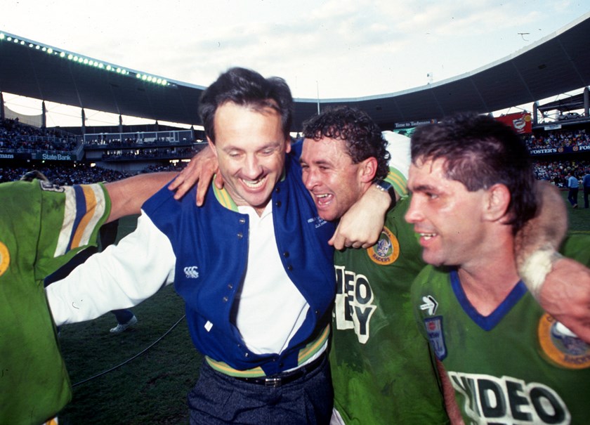 Tim Sheens and Ricky Stuart celebrate the 1990 grand final win.