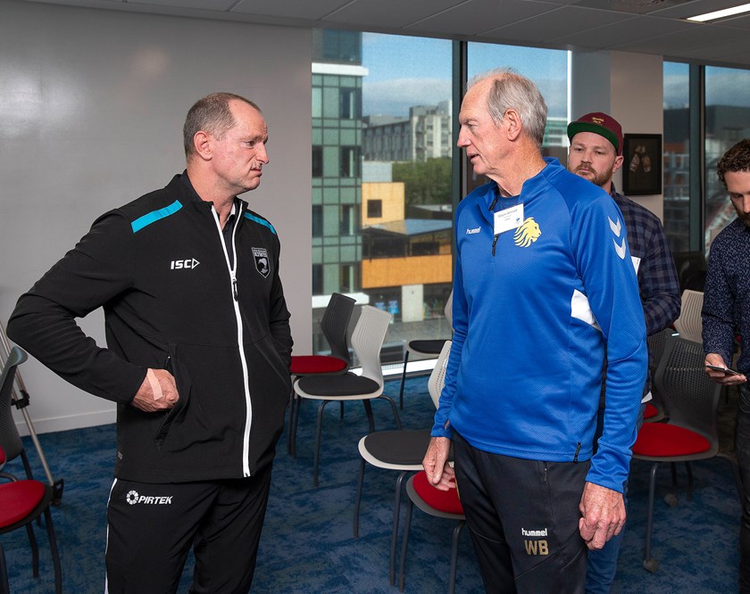 Kiwis coach Michael Maguire and Lions boss Wayne Bennett.
