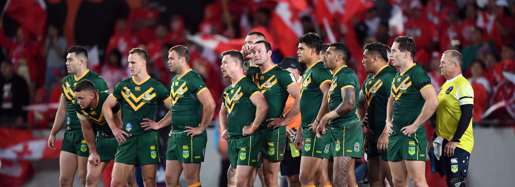 The Kangaroos during their loss to Tonga.