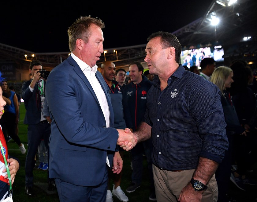 Trent Robinson and Ricky Stuart after the 2019 grand final.