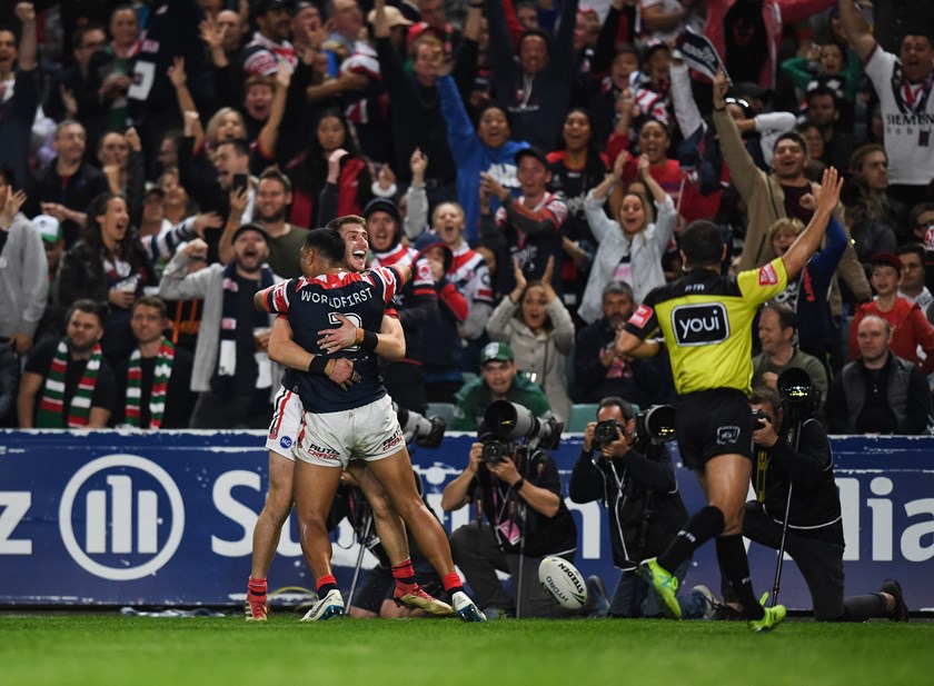 Paul Momirovski celebrates his match-winning try against South Sydney in his final game for the Roosters in 2018.