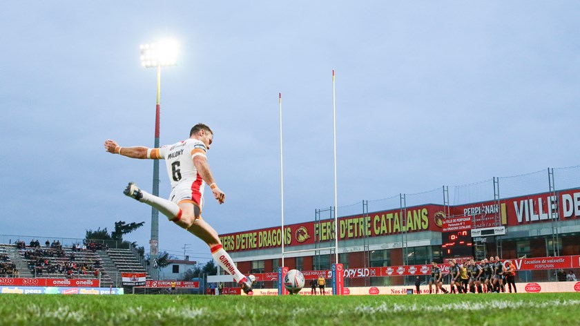 James Maloney takes a kick for Catalans.