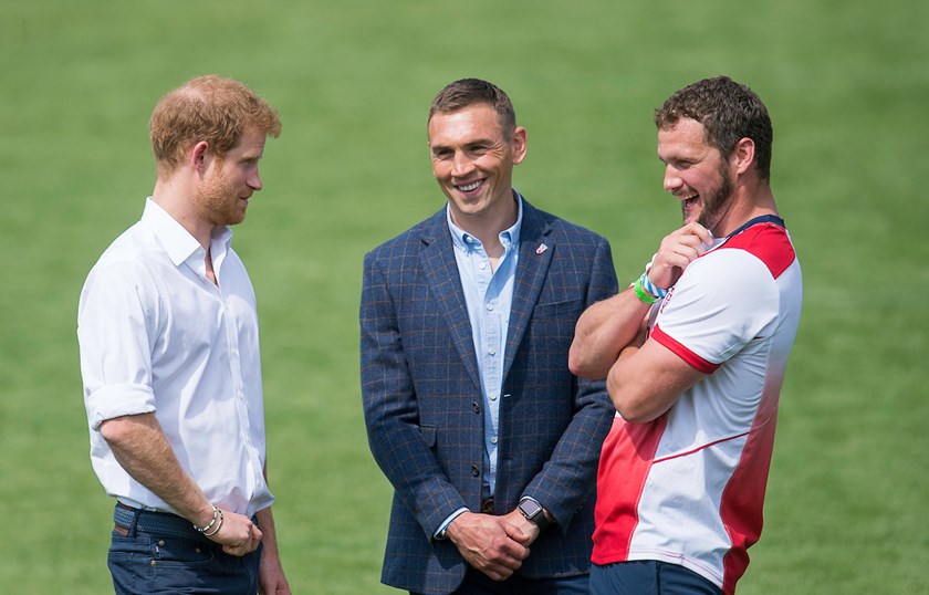 Prince Harry meets RFL representative Kevin Sinfield and England star Sean O'Loughlin.