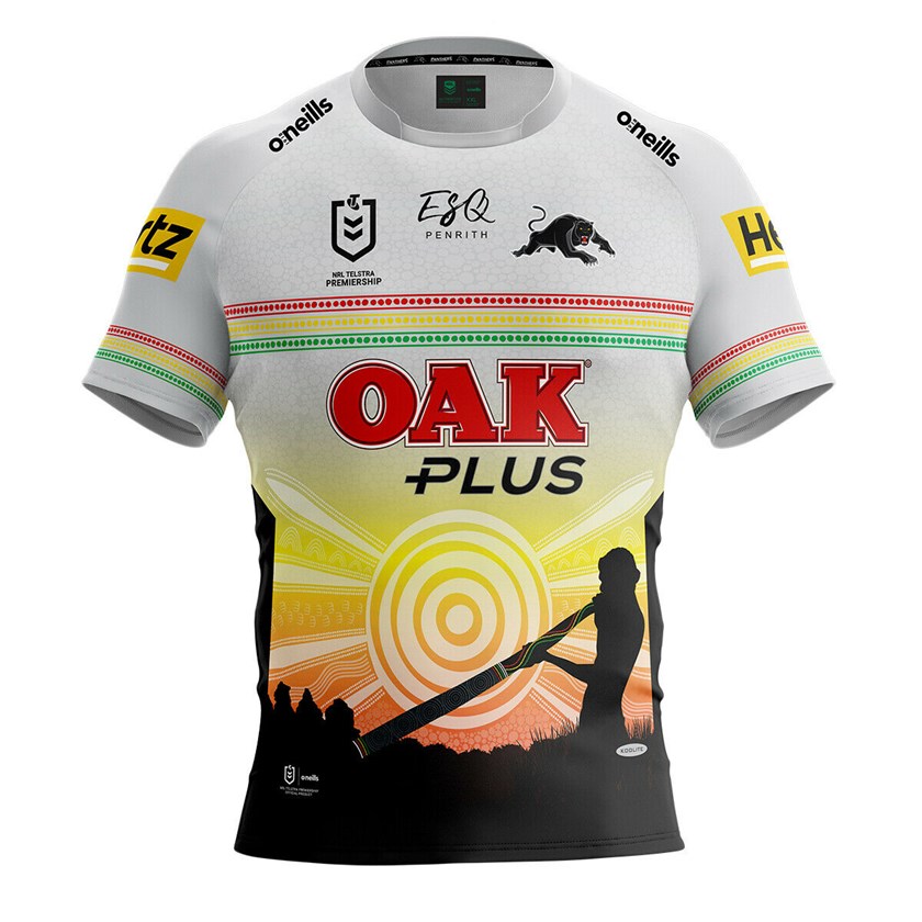 Penrith's Indigenous Round jersey, designed by Natasha Fordham. 
The front of the jersey features the meeting place of Panthers Stadium on Darug land, flanked by the Nepean River, local wildlife and the Blue Mountains 
The setting sun creates an eye-catching silhouette to acknowledge the traditional owners of the land the Panthers community calls home today 
Designed by Natasha Fordham in collaboration with Panthers Indigenous Welfare Officer Glen Liddiard and Panthers players Brent Naden, Daine Laurie and Brayden McGrady 
Totems recognising the club's Indigenous players in the NRL squad including Brent Naden (Wiradjuri - goanna), Brayden McGrady (Kamilaroi - snake) and Daine Laurie (Bundjalung / Yaegl - turtle) 
Fans will be able to bid for match-worn jerseys signed by the individual player directly after the game via shop.penrithpanthers.com.au 

