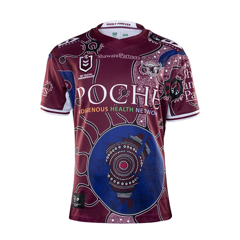 Manly's Indigenous Round jersey. The large blue circular design feature positioned in the bottom right corner of the jersey represents the Manly district and Brookvale, with its tentacles and tributaries reaching far beyond, embracing fans across the country. 
At the centre of the circle is a map of the Manly/Warringah/Pittwater districts. There are also seventeen lines, one for each of the warriors selected to represent the 2020 Manly Warringah Sea Eagles in the NRL each week.
The carefully dotted lines also represent the journeys undertaken by Indigenous players, past and present, who have proudly represented the Manly club and their Peoples. At the end of each journey, the players communities and grass roots footy are depicted. It is, in essence, the starting point from where the Rugby League adventure begins for all First Nations players. 