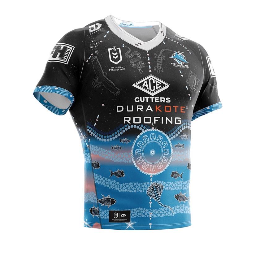 Cronulla's Indigenous Round jersey, designed by Alara Geebung (Cameron).

Entitled “Coming Together”, the Sharks 2020 Indigenous Jersey has been designed with the intricate artwork a direct reconnection to the ways of “our old people”, it’s an illustration which also represents a oneness with mother nature and equanimity of mind.
The night sky spirit animals represent and pay tribute to the players totems and the oneness between spirt and sky to land and sea. Through dreamtime stories, the nation’s first peoples, and widely respected by the wider community, as a symbol of Australia, the Southern Cross features as a connection between both cultures. 