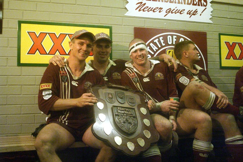 Jamie Goddard, Andrew Gee and Ben Ikin with the Origin shield in 1998.