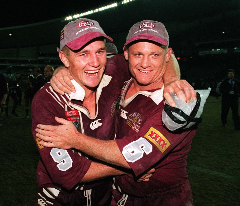 Jamie Goddard and Kevin Walters celebrate winning game three in 1998.