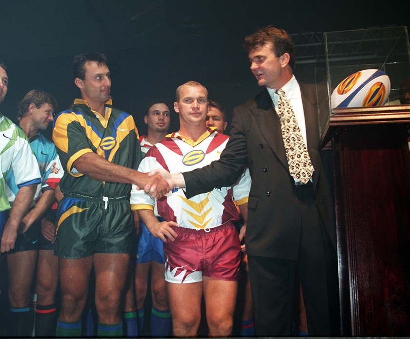 Laurie Daley and John Ribot shake on it at the Super League launch in 1997.