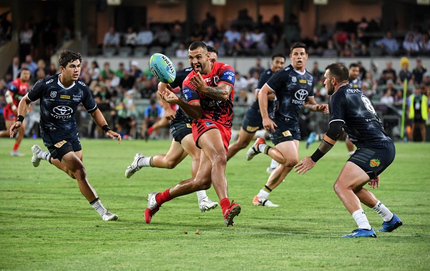 Josh Kerr sends the ball out wide during the NRL Nines in Perth.