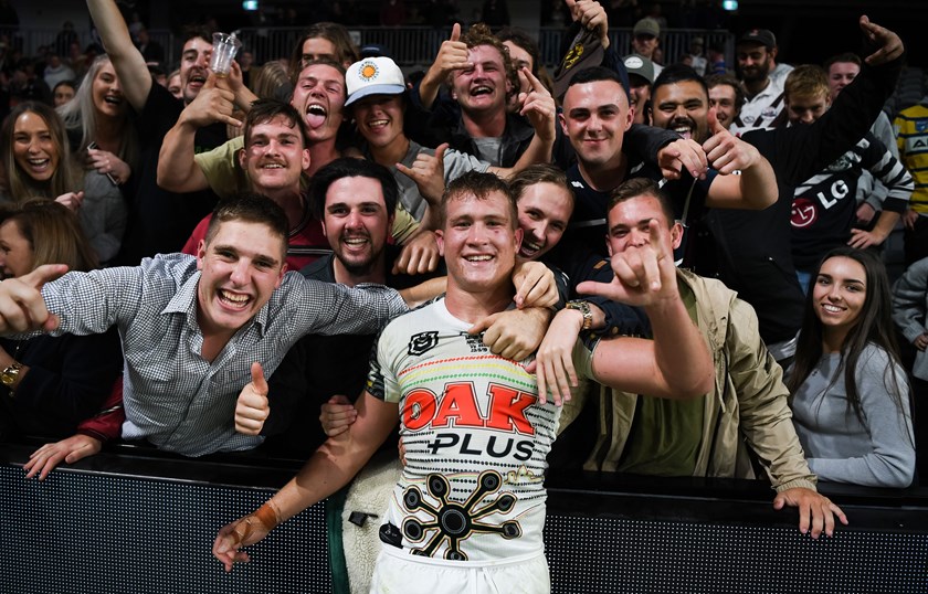 Mitch Kenny is swamped after his NRL debut against Parramatta.