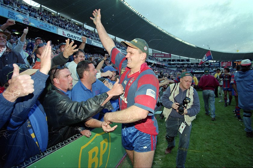 Paul Harragon celebrates the Knights' emotional '97 triumph with the fans.
