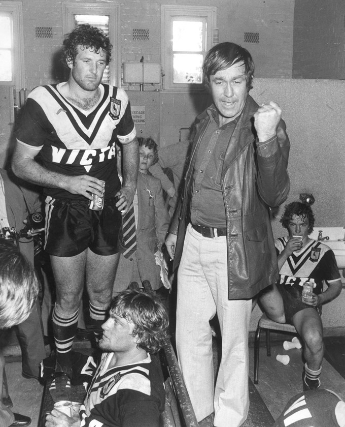 Wests coach Roy Masters celebrates a win.