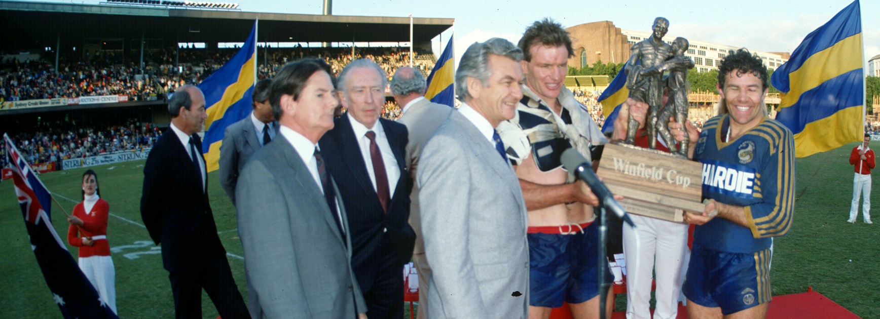Prime Minister Bob Hawke and the Eels after the 1983 grand final.