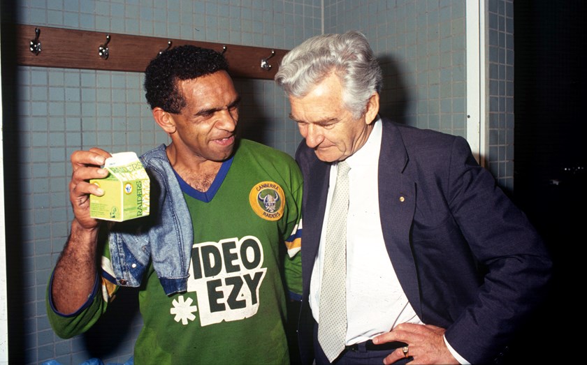 Canberra winger John Ferguson with a celebratory Raiders milk and Prime Minister Bob Hawke.