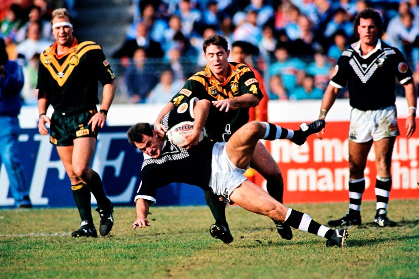 Daryl Halligan tangles with Brad Fittler in a Test at Mt Smart Stadium in 1993.