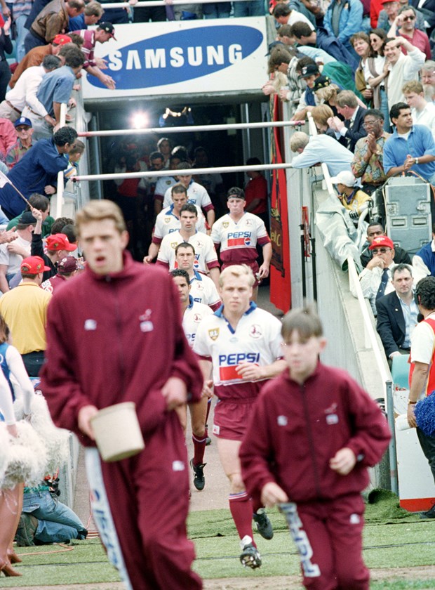 Geoff Toovey leads Manly out for the 1995 grand final.