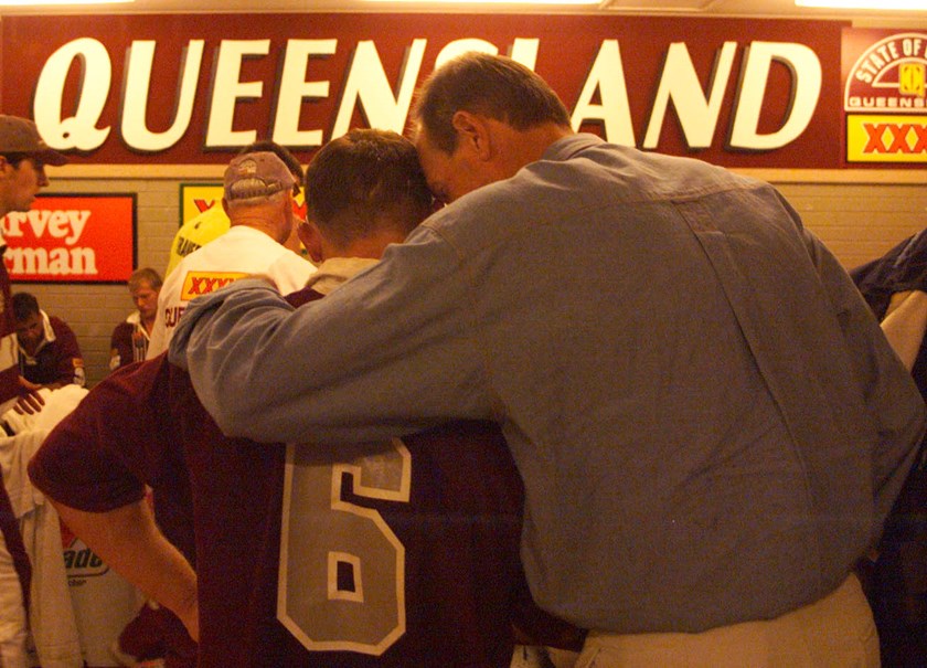 Queensland coach Wayne Bennett embraces Kevin Walters after the win in Origin I of 1998.