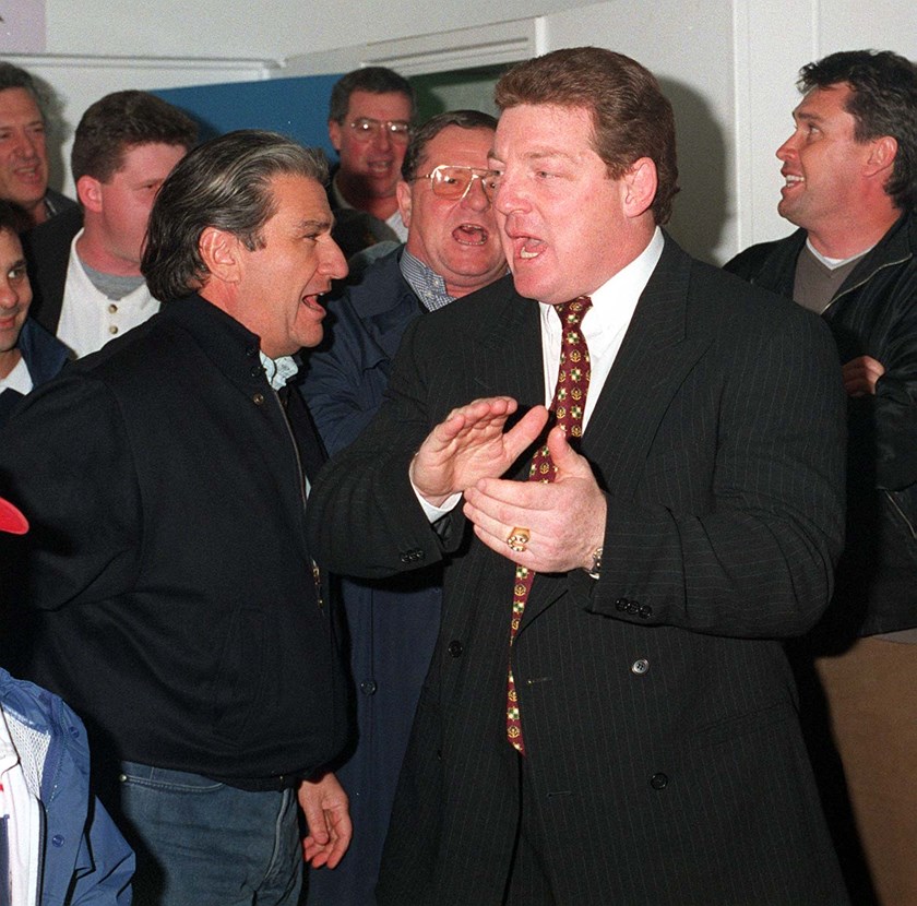 Phil Gould during his stint as Roosters coach in the late 1990s with chairman Nick Politis.
