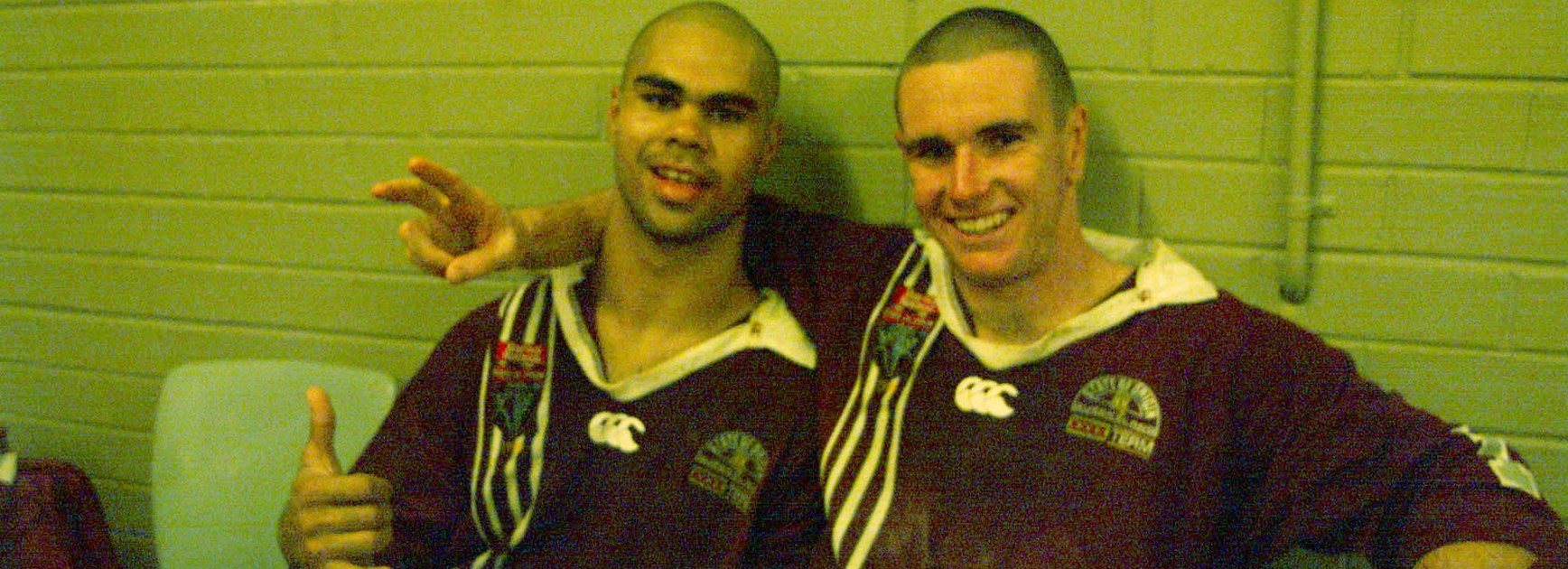 Maroons Matt Sing and Ben Ikin in the SFS sheds in 1998.