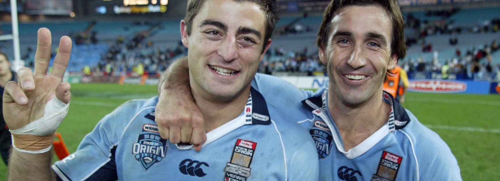 Anthony Minichiello and Andrew Johns are all smiles after Game Two of the 2005 Origin series.