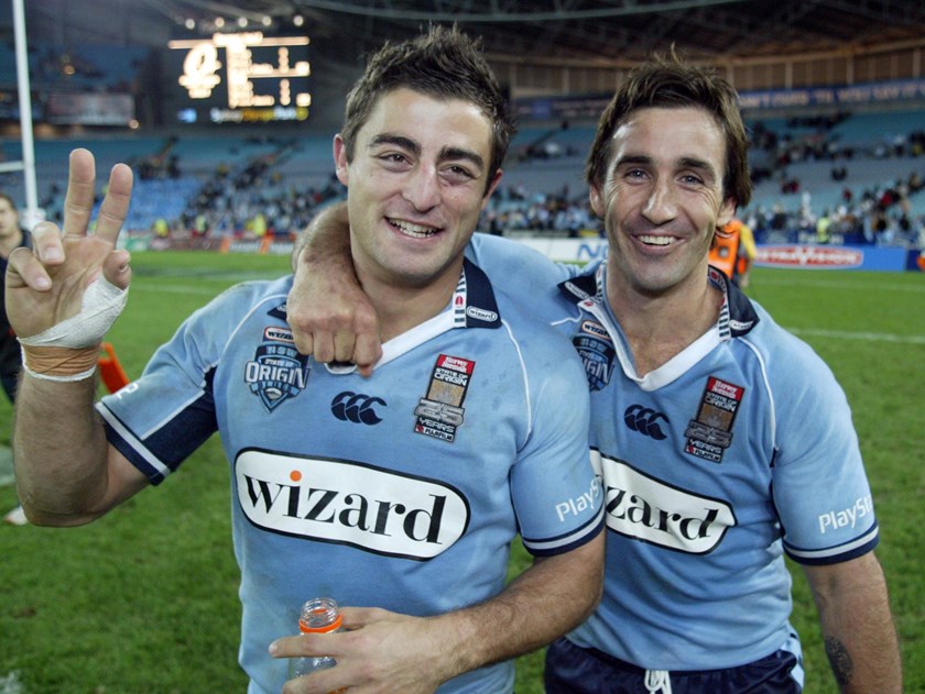 Anthony Minichiello and Andrew Johns are all smiles after Game Two of the 2005 Origin series.