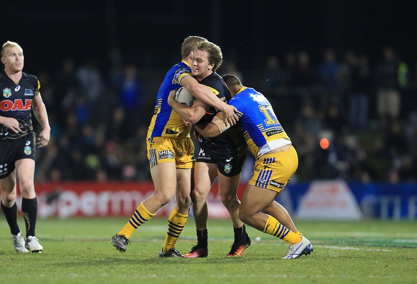 Matt Moylan is wrapped up by the Parramatta defence in 2016.