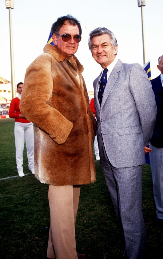 Jack Gibson with his famous fur coat and Prime Minister Bob Hawke.