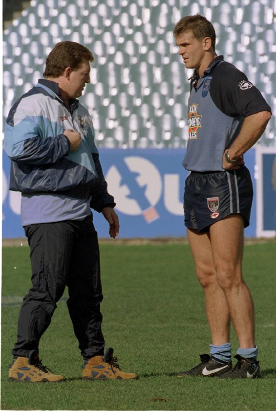 Phil Gould talks tactics at Blues training with Paul Harragon in 1995.