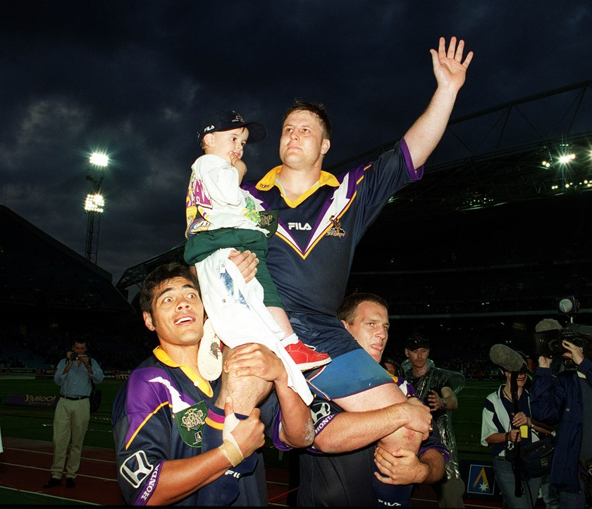 Glenn Lazarus says farewell after Melbourne's 1999 grand final win.