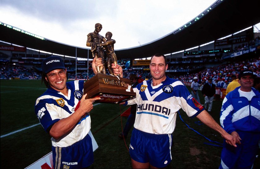 Kiwi duo John Timu and Daryl Halligan celebrate Canterbury's 1995 grand final win over Manly.
