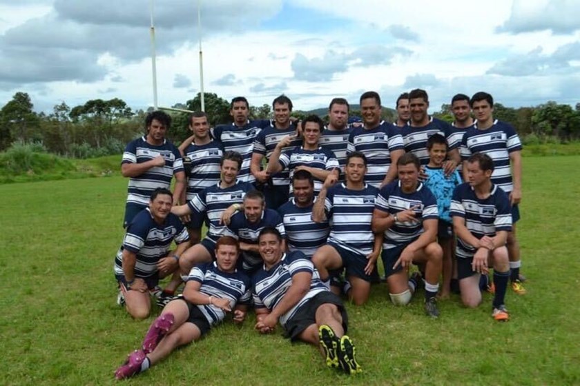 The Fisher-Harris family team, Motukohu - Dean is immediately to James' left on one knee. Stepdad, Sam Snr is second left row, and Caleb Aekins is far right in the last row.