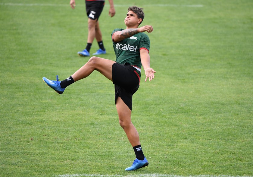 Latrell Mitchell goes through his paces at Rabbitohs training at Redfern.