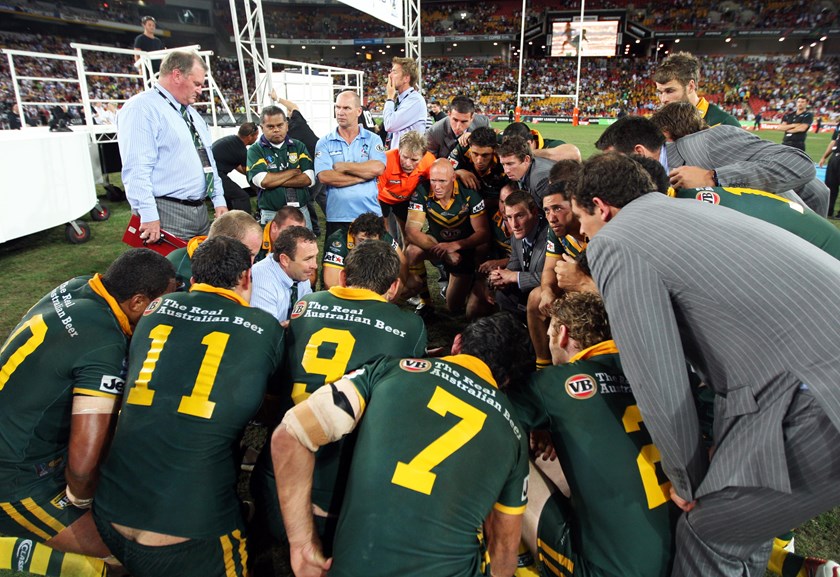 Ricky Stuart addresses his team after the shock loss to New Zealand in the 2008 World Cup final.
