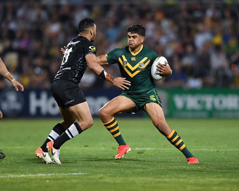 Latrell Mitchell representing the Kangaroos against the Kiwis in Wollongong.