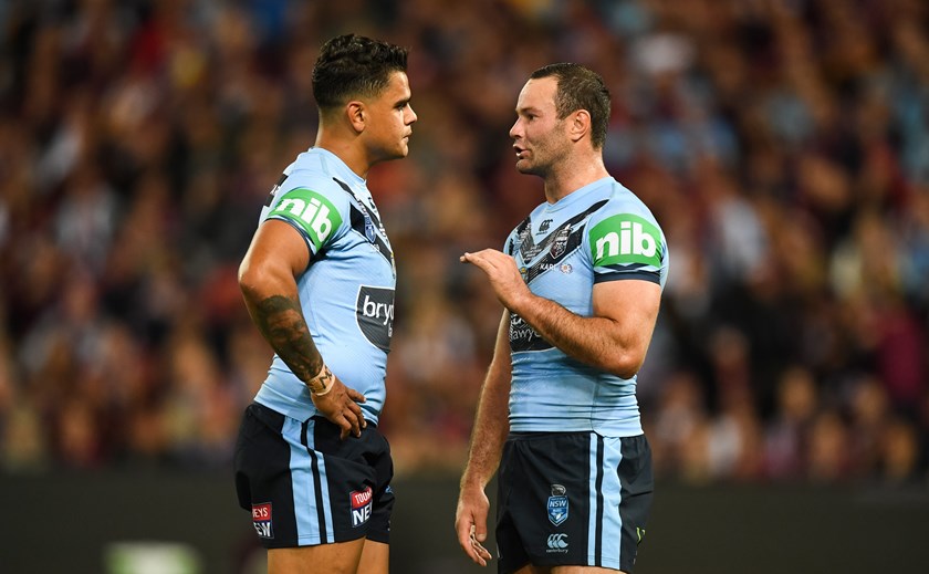 Latrell Mitchell and Boyd Cordner in State of Origin I, 2019.