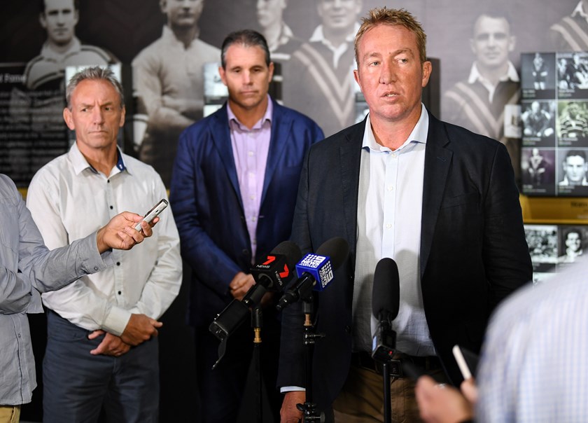 Roosters coach Trent Robinson speaking on Wednesday.