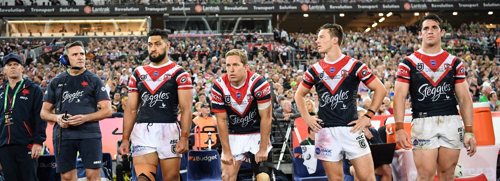 The Roosters bench in the 2019 NRL Telstra Premiership Grand Final.
