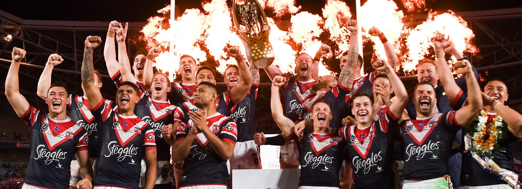 The Roosters celebrate the 2019 premiership.