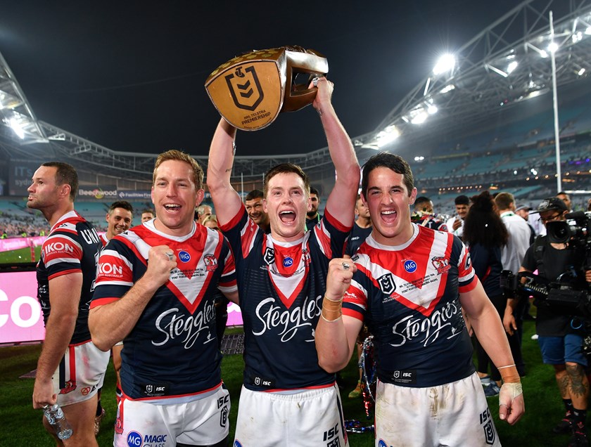 Mitchell Aubusson, Luke Keary and Nat Butcher after the 2019 grand final.