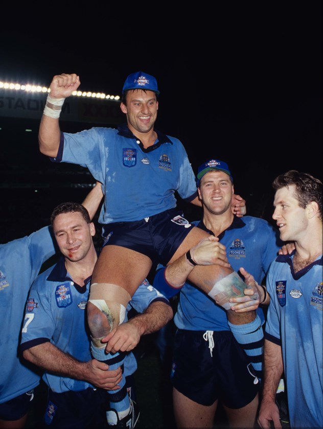 Ricky Stuart chairs his mate Laurie Daley off after an Origin series win in 1994. 