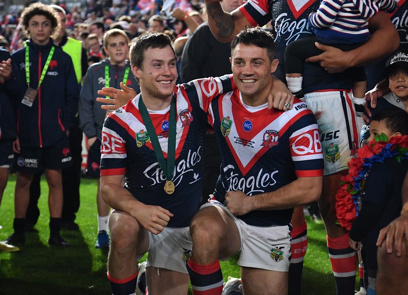 Luke Keary and Cooper Cronk lap up the Roosters' 2018 premiership success.