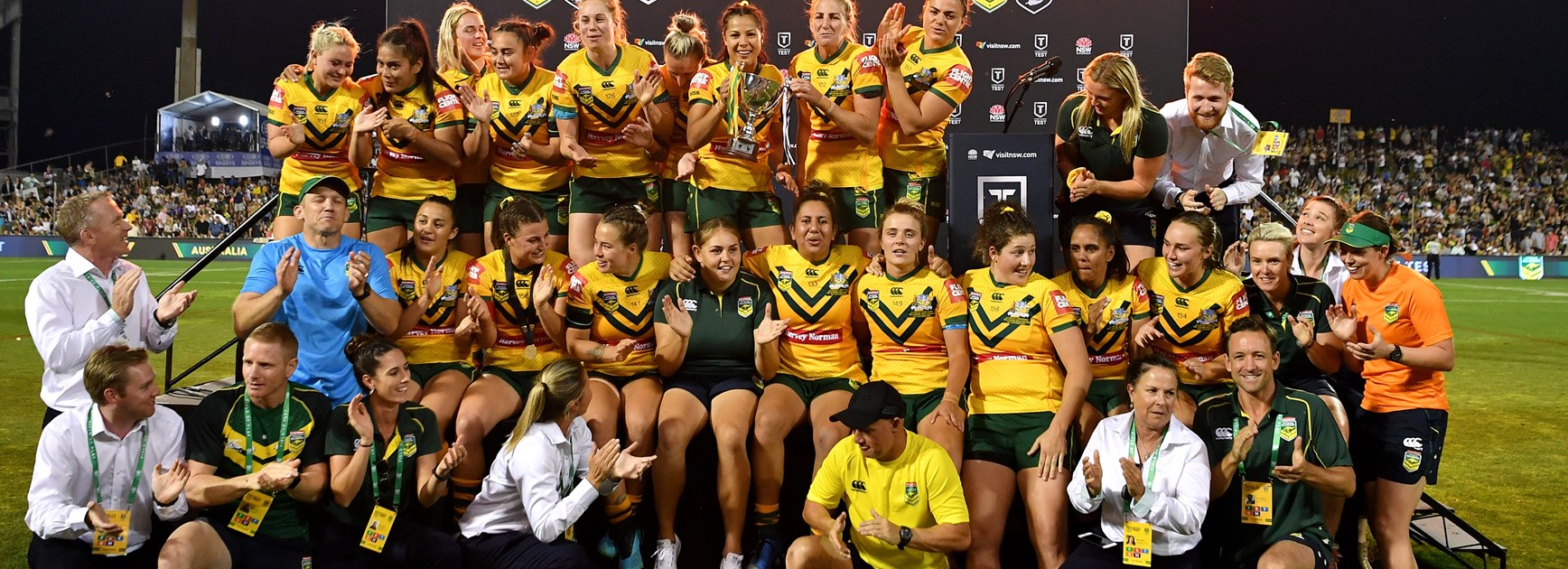Debbie Brewin (bottom right) celebrates with the Jillaroos after last year's Test win over New Zealand in Wollongong.